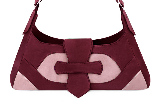 Burgundy red and carnation pink women's dress handbag, matching pumps and belts. Profile view - Florence KOOIJMAN